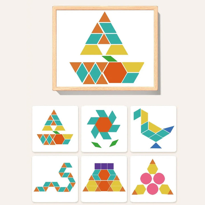 Preschool activity: wooden magnetic pattern blocks puzzle, engaging kids in creative play & fine motor development.