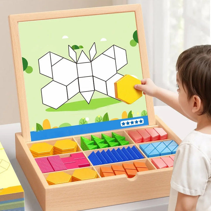 Durable wooden magnetic blocks puzzle, a colorful STEM toy for kids to create patterns & learn shapes.