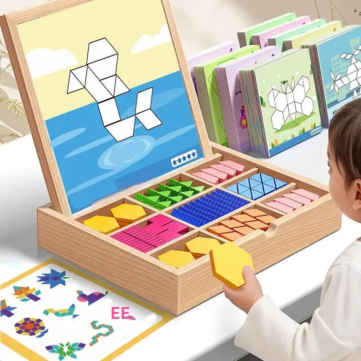 Portable travel toy: kids' wooden magnetic pattern blocks puzzle, ideal for on-the-go STEM learning & quiet play.