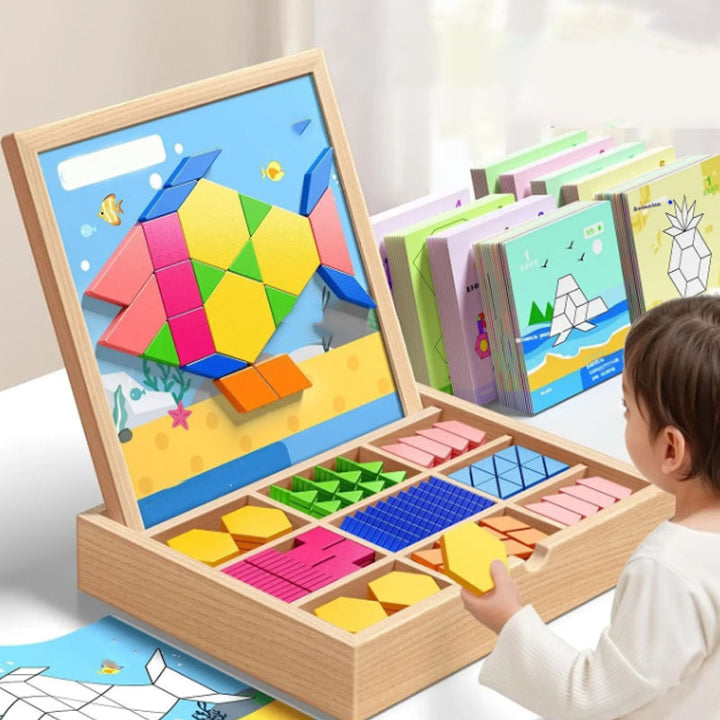 Enhances fine motor skills & creativity: kids' wooden magnetic pattern blocks puzzle, an educational STEM toy.