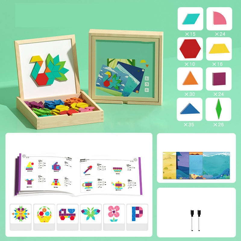 Colorful wooden magnetic pattern blocks puzzle, a fun STEM toy for kids' early learning & development.