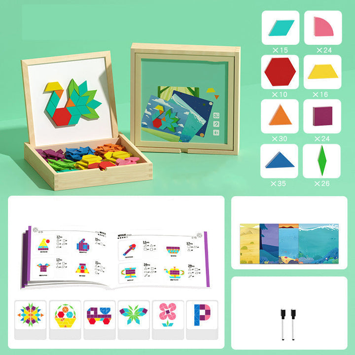 Colorful wooden magnetic pattern blocks puzzle, a fun STEM toy for kids' early learning & development.
