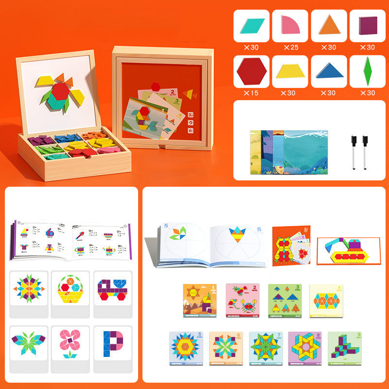 Interactive educational toy: kids' wooden magnetic pattern blocks puzzle for STEM, shapes, and critical thinking.