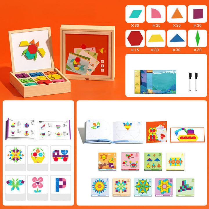 Interactive educational toy: kids' wooden magnetic pattern blocks puzzle for STEM, shapes, and critical thinking.