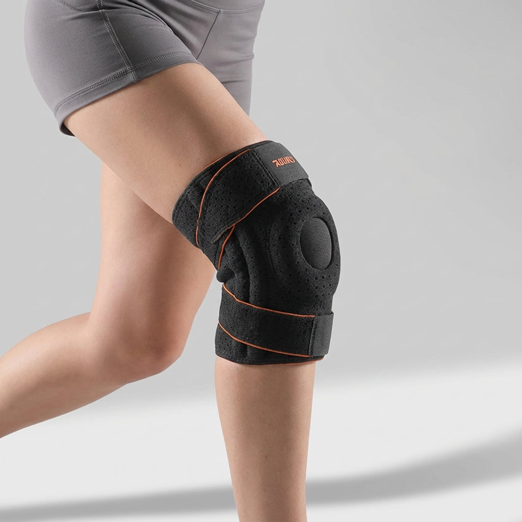 Unisex adjustable open patella knee support, ideal for patella tracking, joint pain relief & stability during activity.