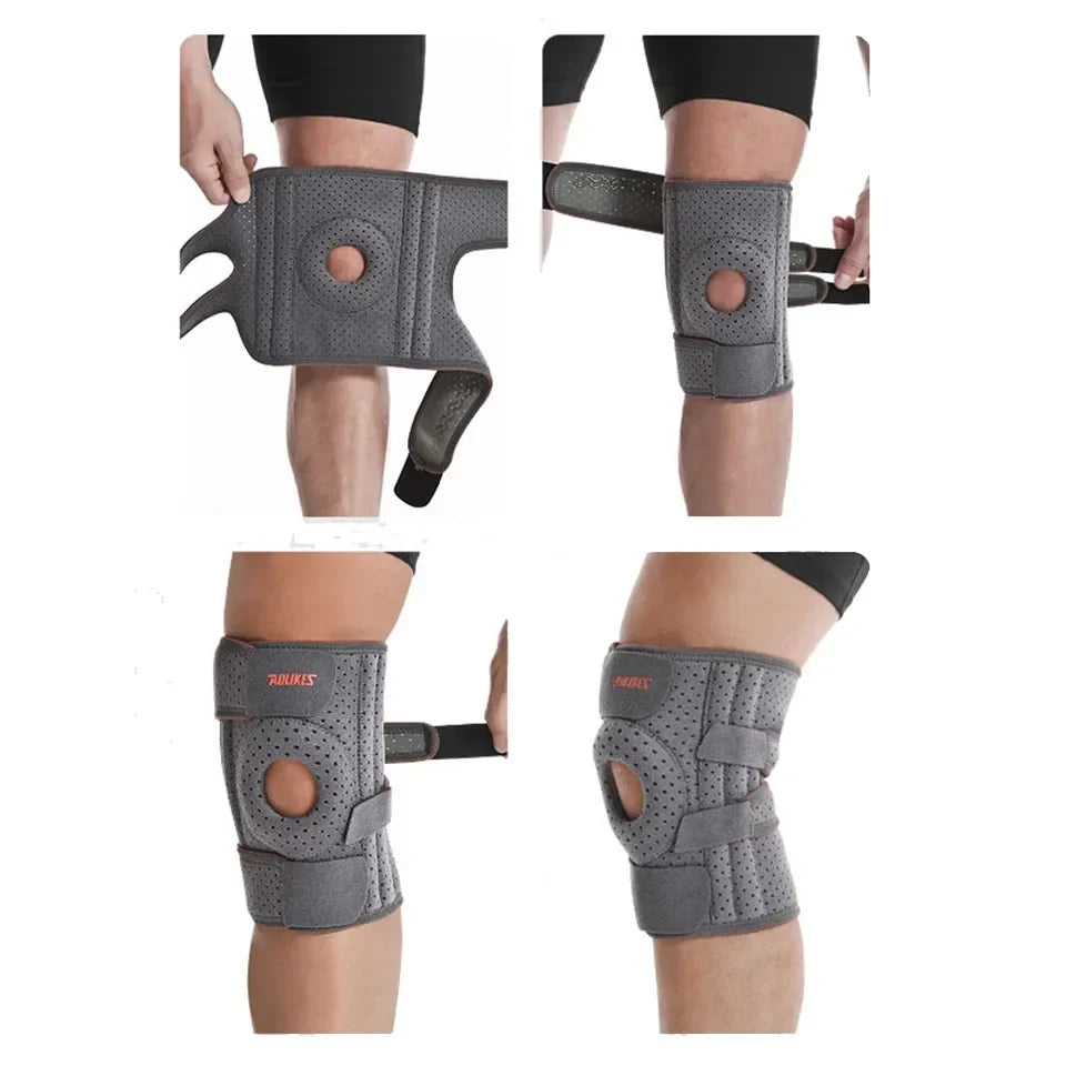 Premium unisex adjustable open patella knee brace provides comprehensive knee support for pain relief & sports.