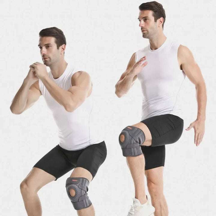 Unisex adjustable open patella knee brace for injury prevention, recovery & joint pain relief during activities.
