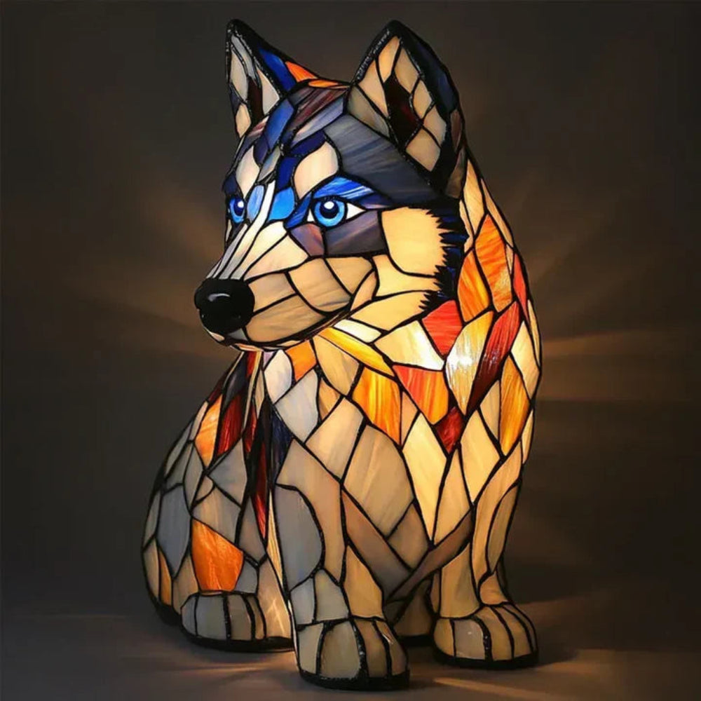 Nightstand lamp with a stained glass dog motif, a whimsical accent piece