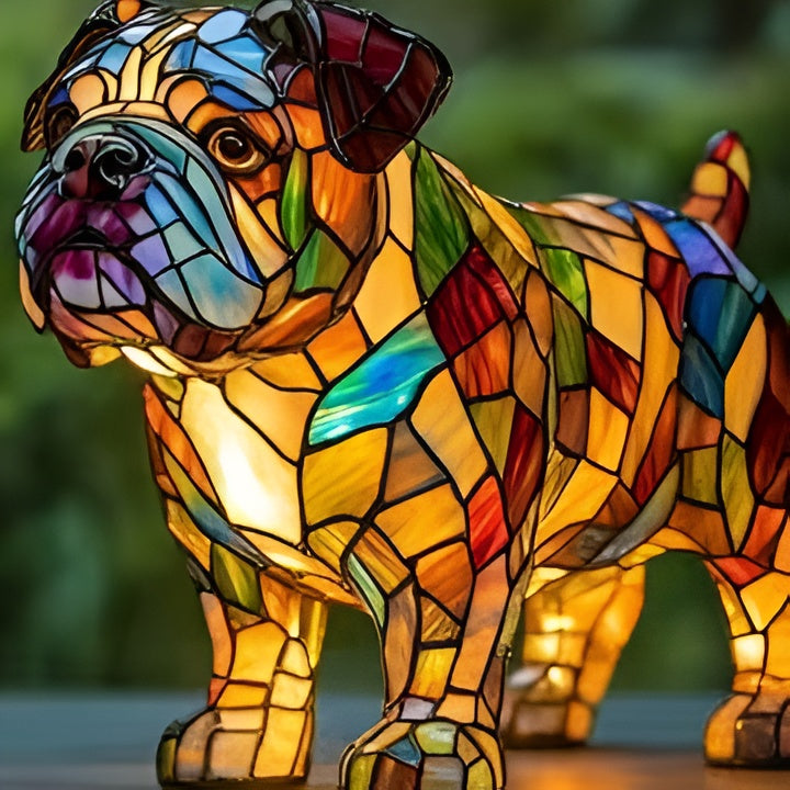 A glowing stained glass dog table lamp, perfect for dog lovers