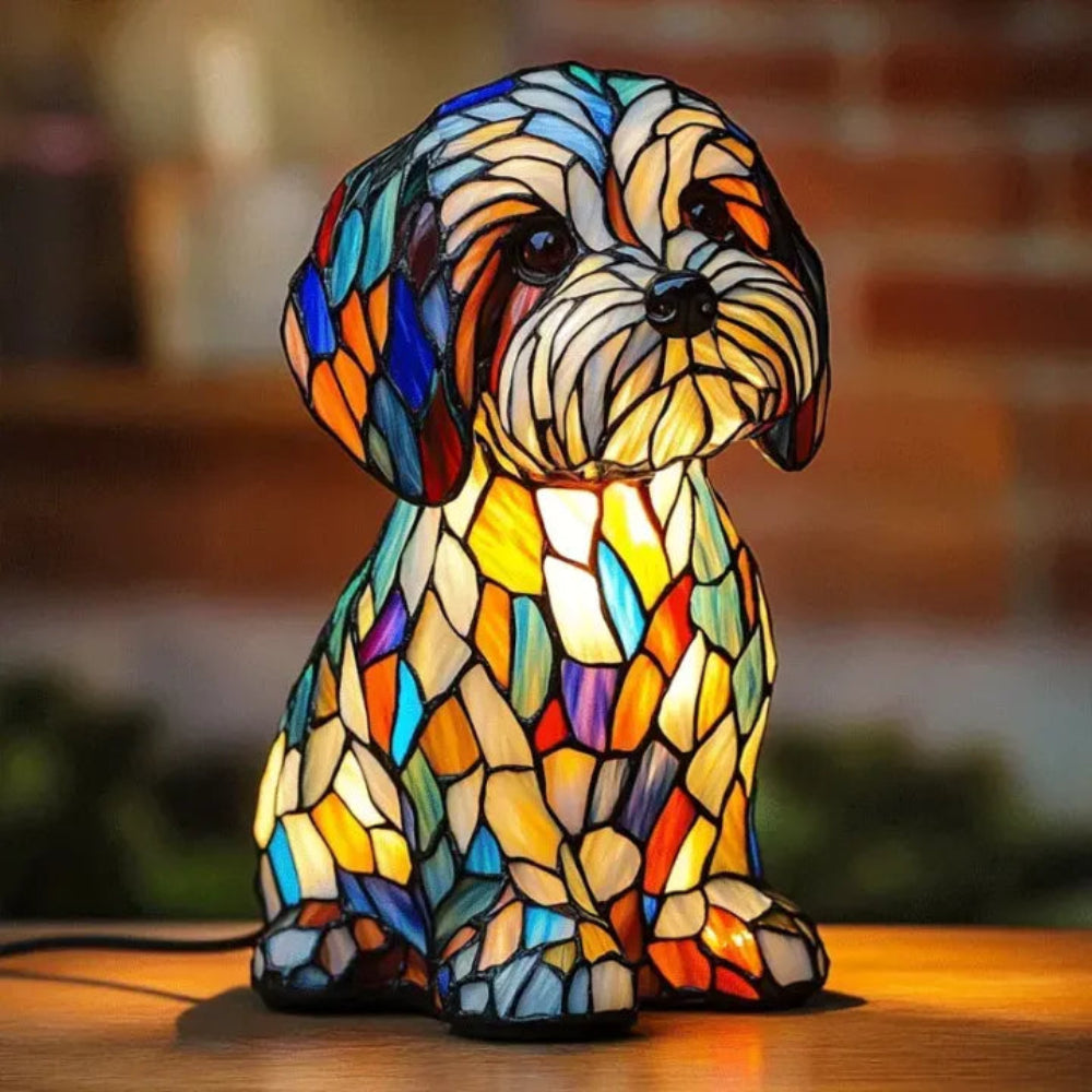 Close-up of stained glass dog lamp with vibrant colors, unique home decor