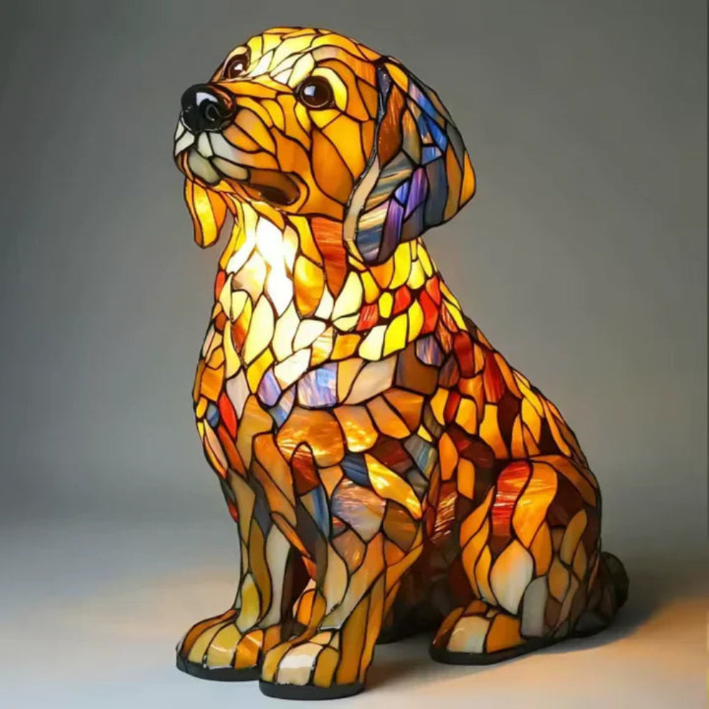 Decorative table lamp shaped like a dog, made with intricate stained glass
