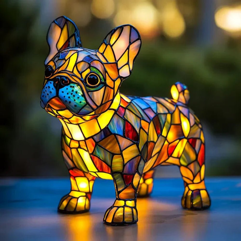 Close-up of a detailed stained glass dog lamp, showcasing intricate mosaic design.