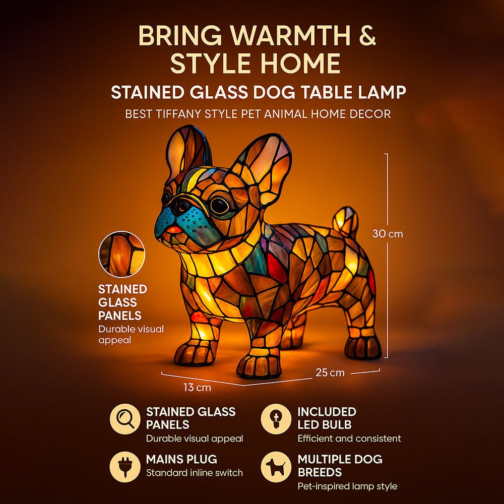 This decorative table lamp features a beautifully crafted stained glass dog.