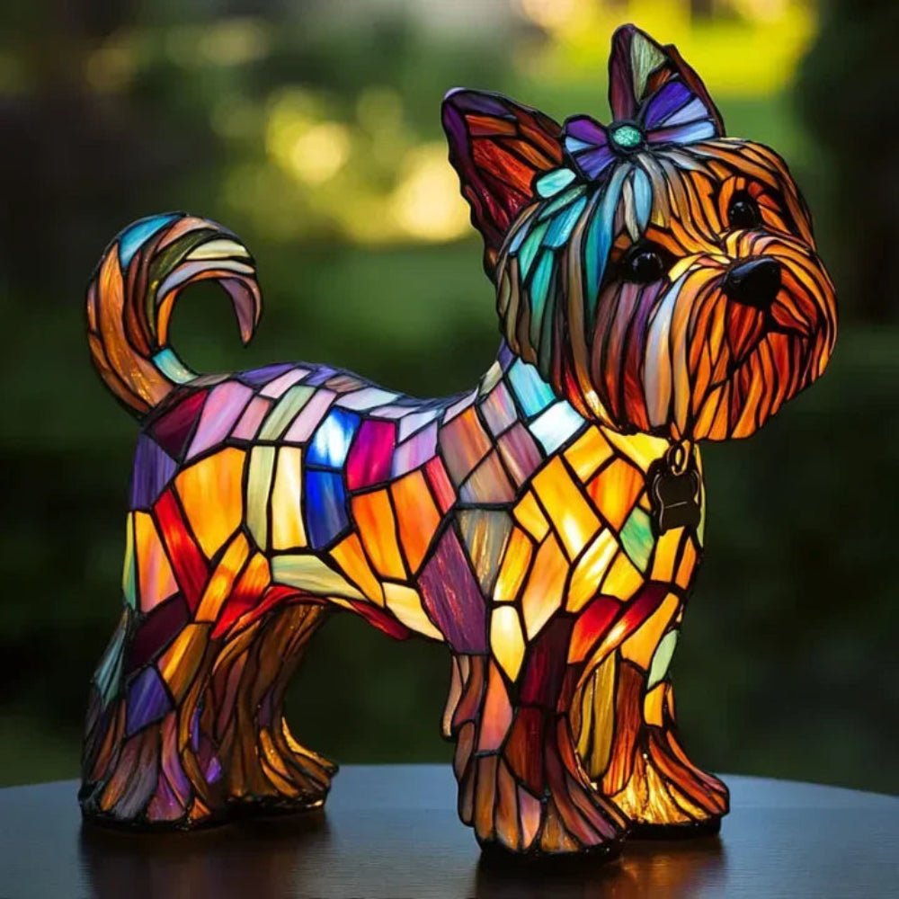 Handcrafted stained glass dog table lamp casting a warm glow.