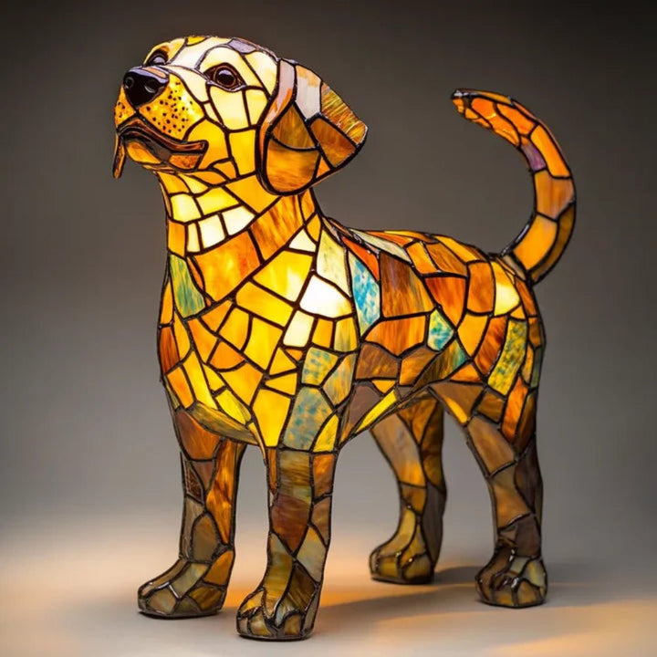Illuminate your space with this charming stained glass dog table light.