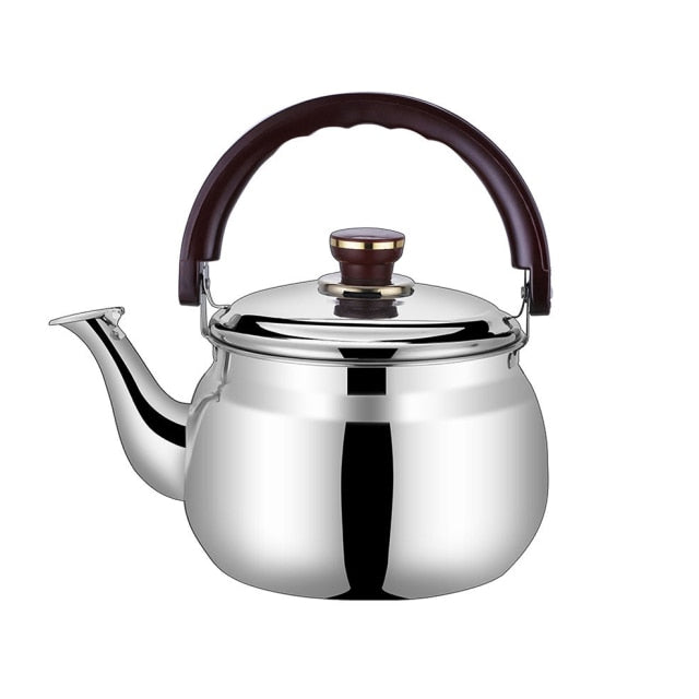 Sleek stainless steel whistling tea kettle for stovetop, perfect for hot water & beverages in any kitchen.