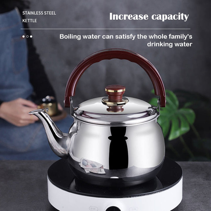 Durable stainless steel tea kettle with a classic whistle, ideal for daily stovetop use in home kitchens.