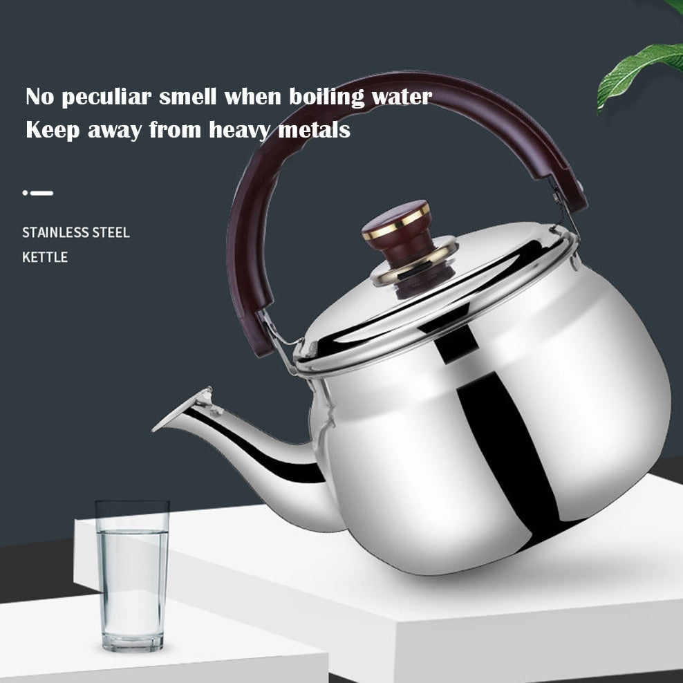 Modern stainless steel whistling tea kettle, designed for efficient hot water boiling on all stovetops.