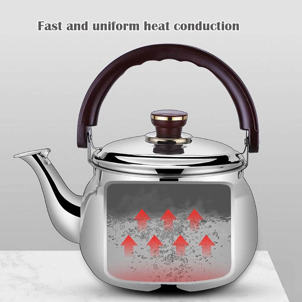 Shiny stainless steel whistling stovetop kettle, a durable kitchen essential for brewing tea & hot beverages.