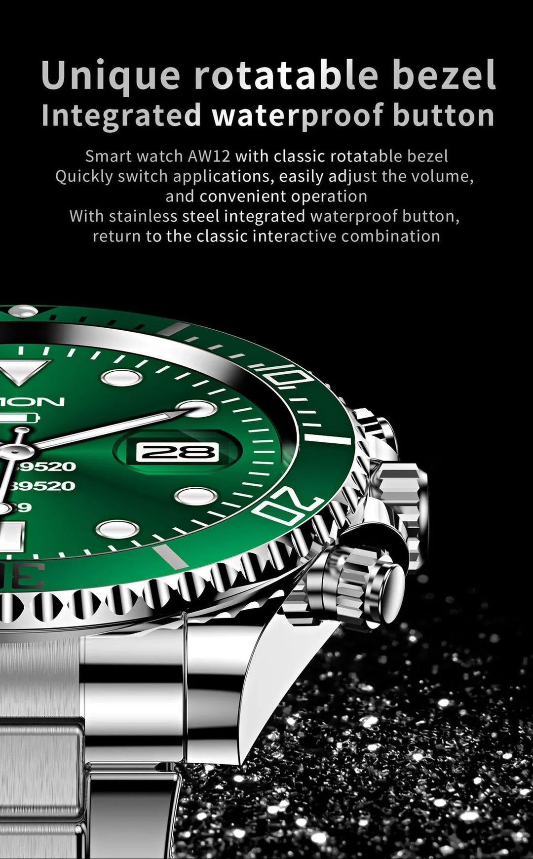 Close-up of the elegant steel strap and watch face on this advanced men's tech smartwatch.