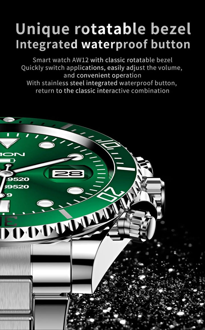 Close-up of the elegant steel strap and watch face on this advanced men's tech smartwatch.