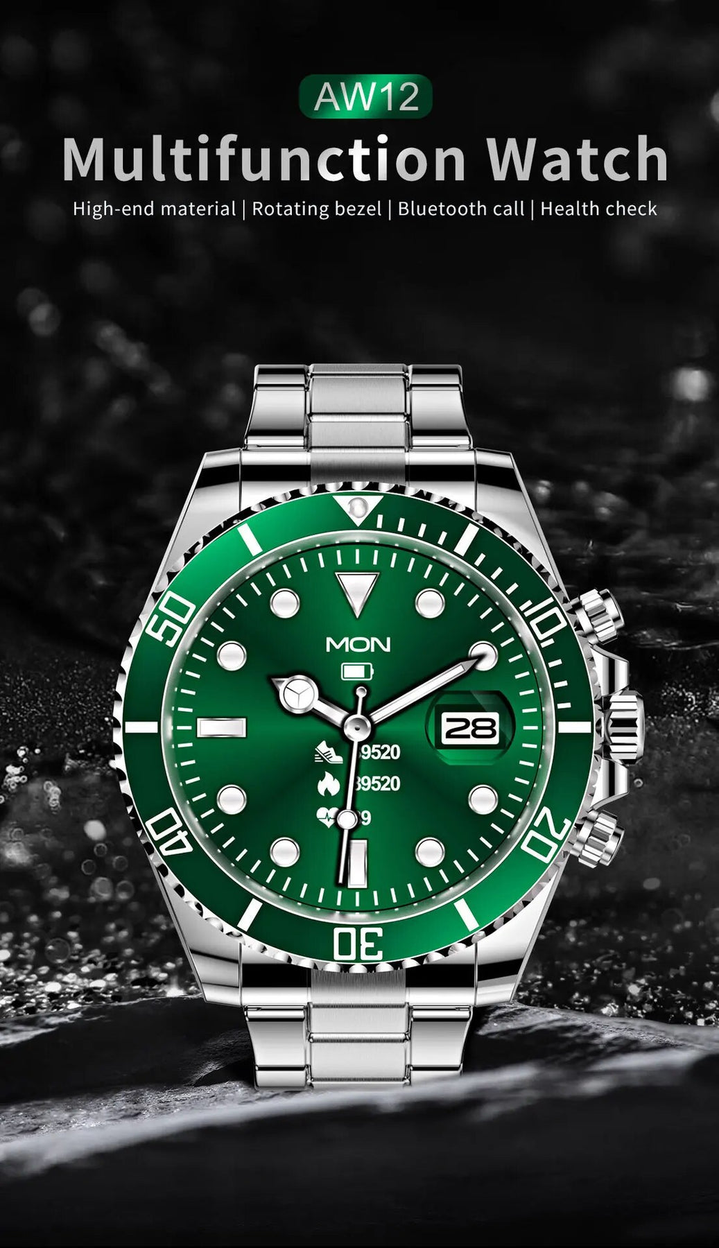 Men's elegant steel smartwatch displaying a customizable watch face, blending style with smart tech.