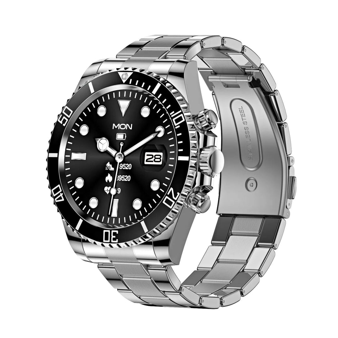 Modern men's steel smartwatch, an elegant digital watch and activity tracker with sophisticated aesthetic.