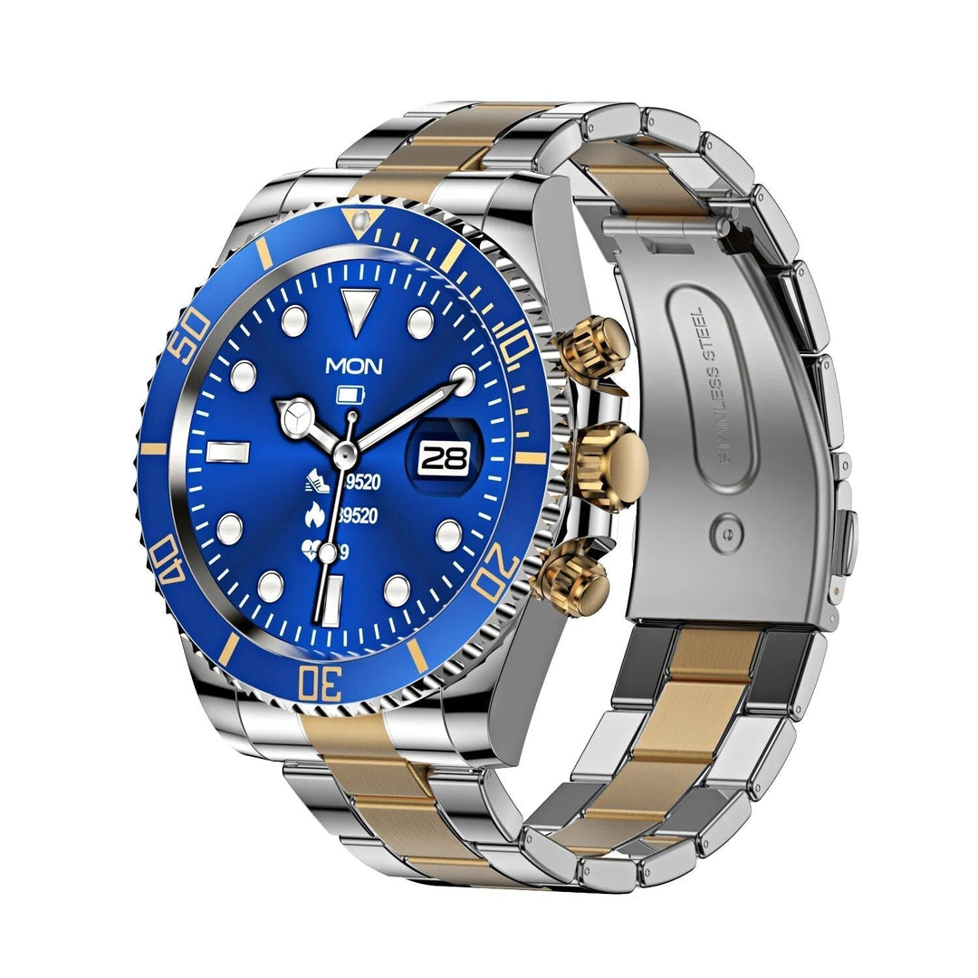 Clear digital display on an elegant men's steel smartwatch, showcasing advanced health tracking features.