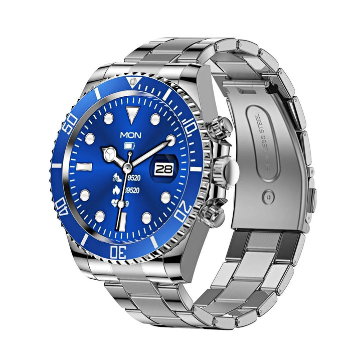 Sleek men's steel smartwatch with elegant profile, highlighting side buttons and sophisticated craftsmanship.