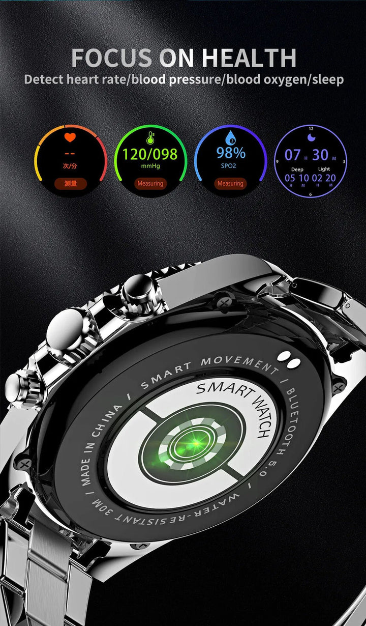 Back view of men's advanced smartwatch, featuring heart rate monitor and essential health sensors.