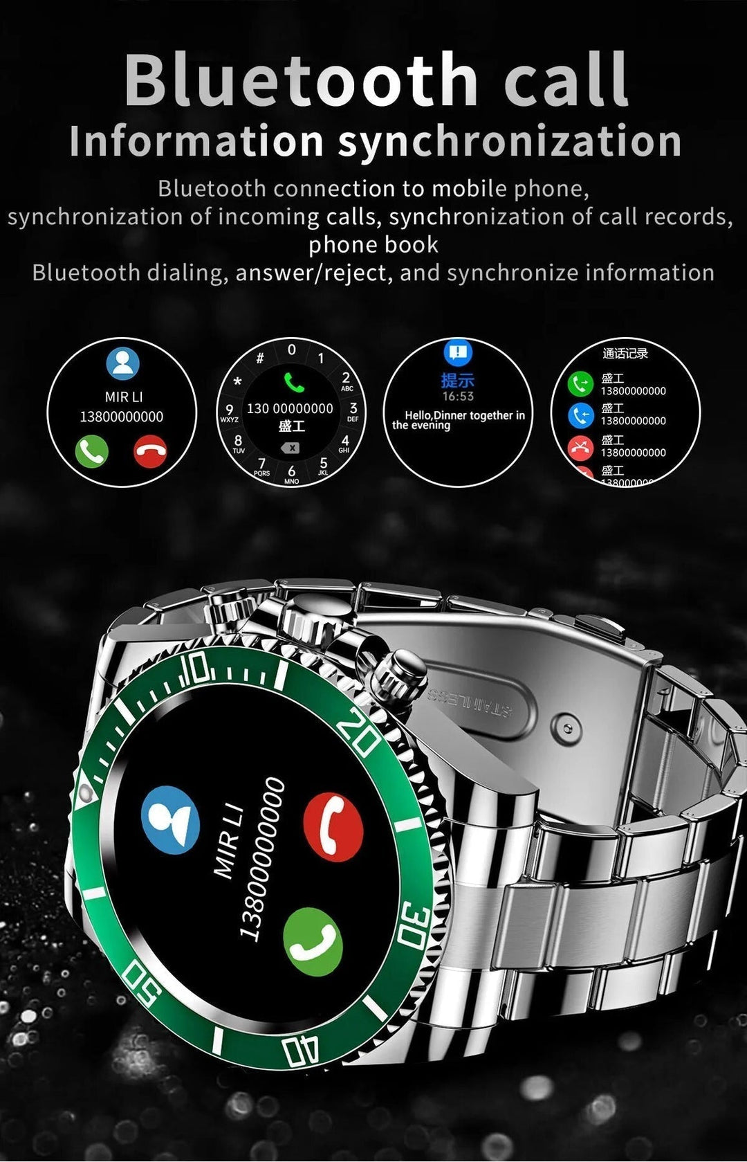 Men's steel smartwatch on its charging dock, showcasing long battery life & convenient tech features.
