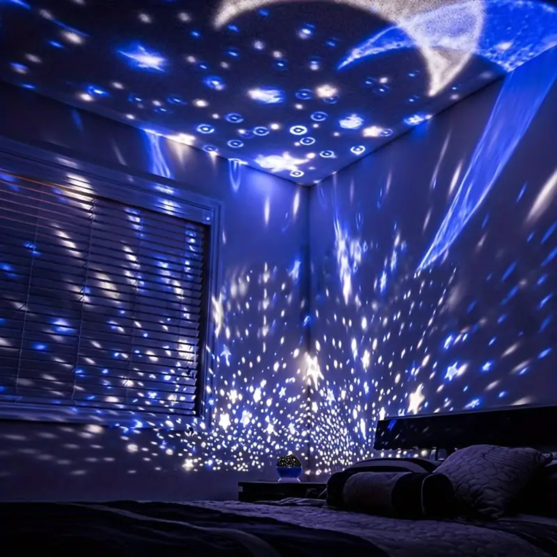 Versatile star projector mood lamp for bedrooms, parties & relaxation with soothing music.