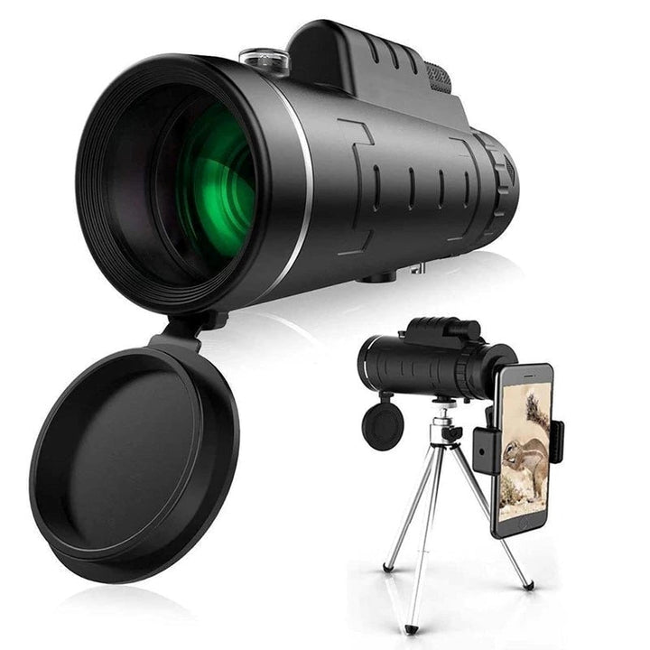 Waterproof monocular telescope for bird watching, hiking & nature photography with phone clip & tripod.