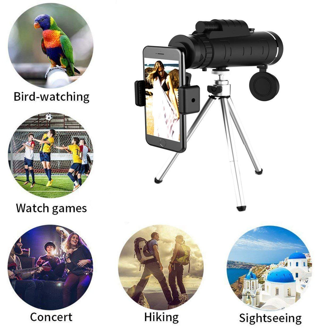 Long-range high-powered monocular telescope for clear views, with tripod & phone clip for photography.
