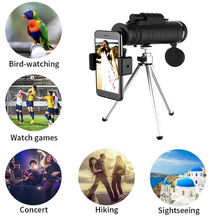 Long-range high-powered monocular telescope for clear views, with tripod & phone clip for photography.