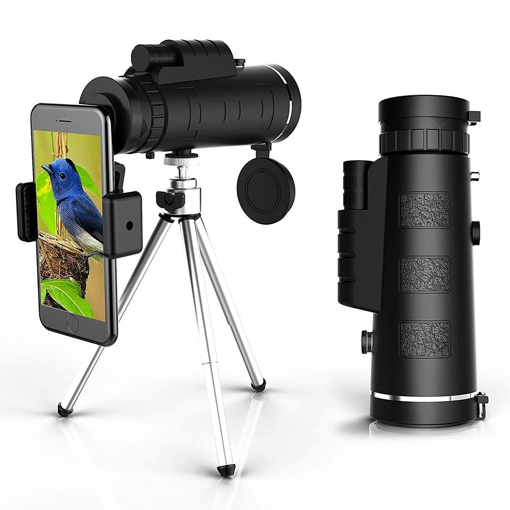 Capturing nature: high-powered waterproof monocular telescope, tripod & phone clip for crisp photos.