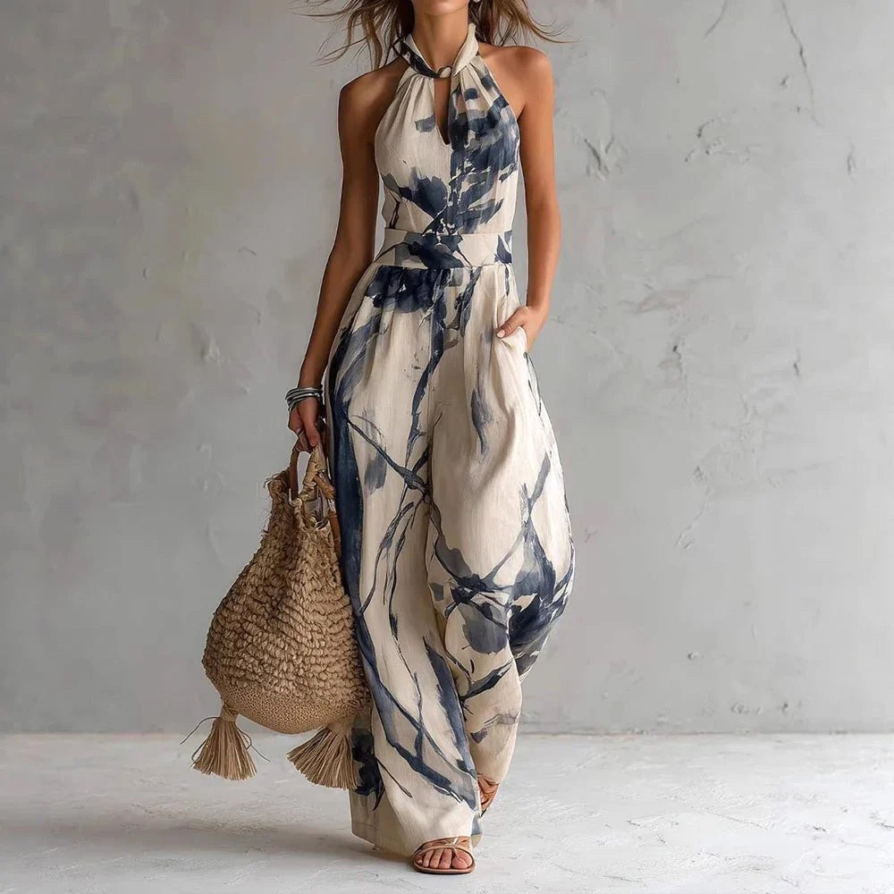 Comfortable women's flowy halter maxi dress for casual summer days, beach, or holiday wear.