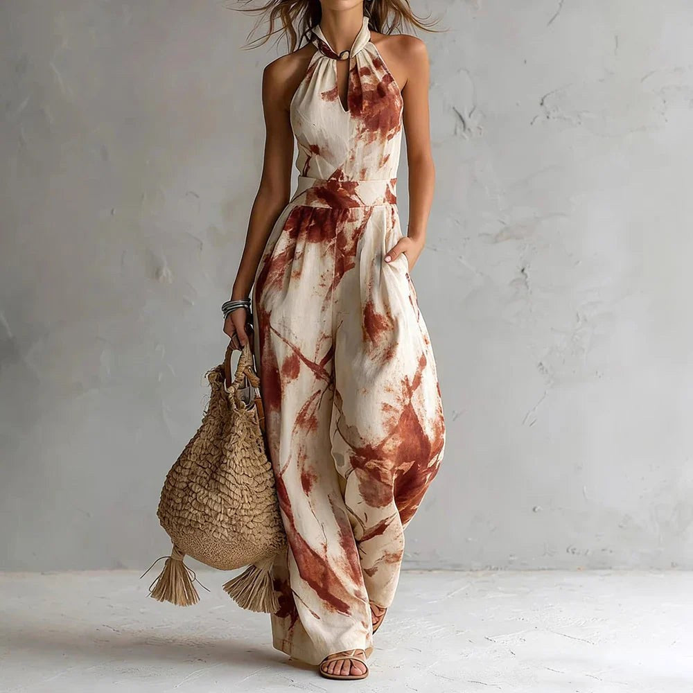 Long flowy halter maxi dress for women. Elegant summer fashion, comfortable for casual or evening wear.
