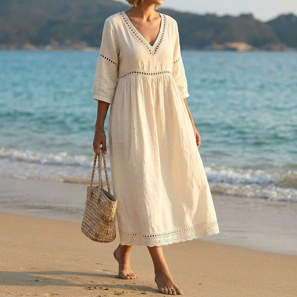 Women's chic V-neck midi dress with intricate crochet trim, perfect for summer casual wear.