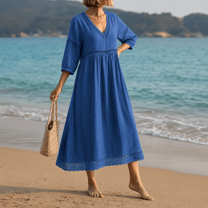 Versatile women's midi dress, combining a V-neck and crochet trim for both casual & elegant styles.