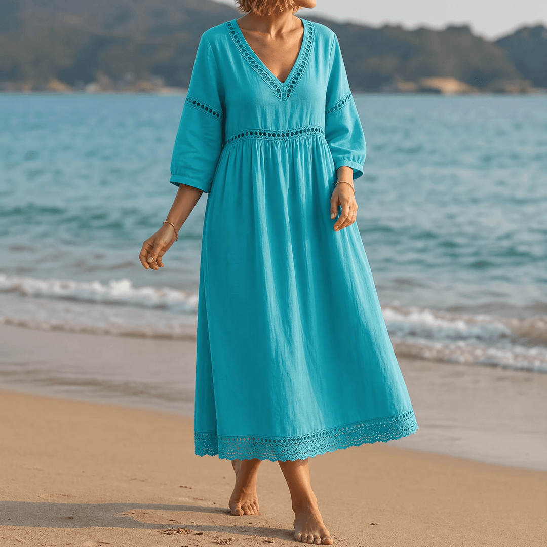 Comfortable women's summer midi dress, chic V-neck design with beautiful crochet trim detail.
