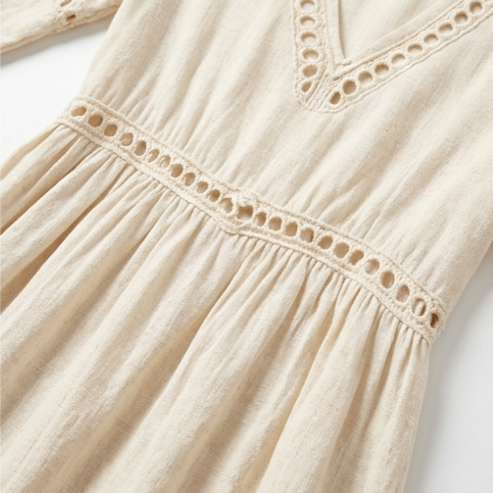 Women's casual V-neck midi dress, perfect for warm weather, showcasing flowy fabric & crochet trim.