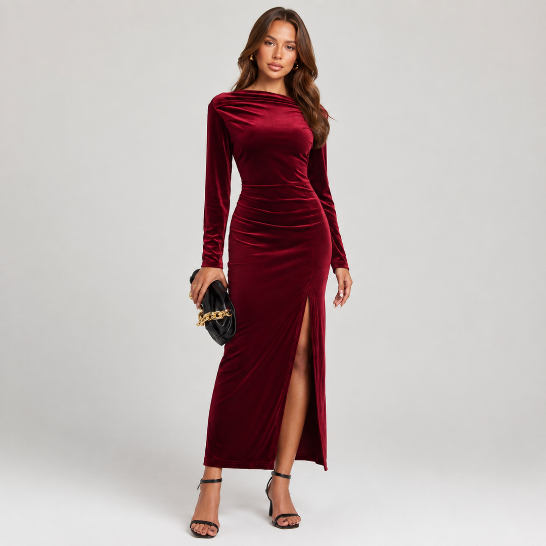 Glamorous red long sleeve maxi dress for women, featuring an elegant boat neck, ruched waist, and stylish side slit.