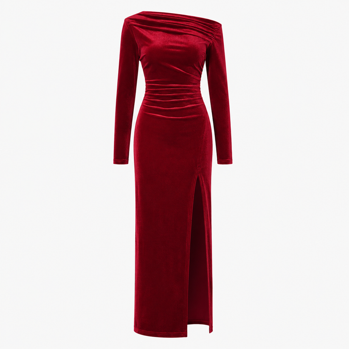 Elegant women's red long sleeve maxi evening gown with a high side slit, boat neck, and flattering ruched detail.