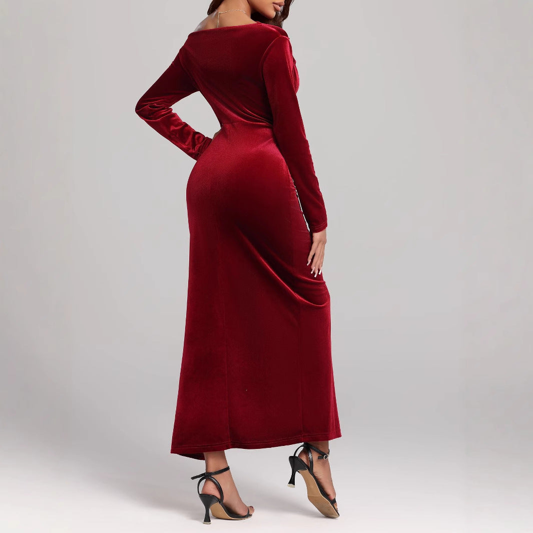 Stunning red long sleeve maxi dress for women, perfect as a formal evening gown or special occasion party dress.