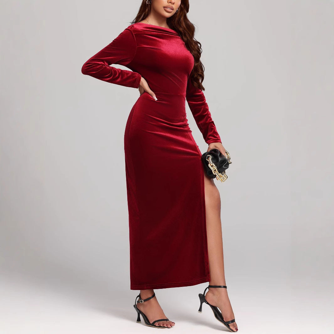 Women's elegant red long sleeve maxi dress featuring a chic boat neck, ruched waist, and stylish side slit for parties.