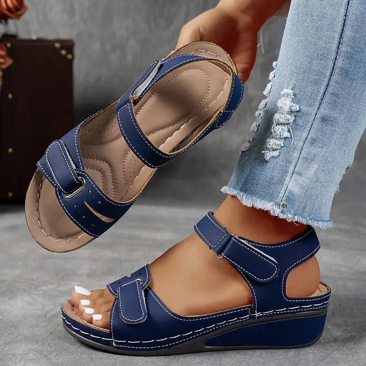 Women's walking orthopedic sandals, wedge heel, ankle strap, arch support, ideal comfortable summer footwear.