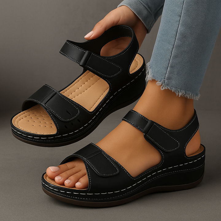 Women's casual orthopedic wedge sandals with ankle strap and arch support, comfortable open-toe summer shoes.