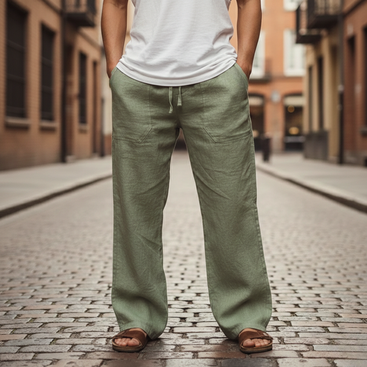 Close-up of men's wide leg drawstring pants waist, highlighting adjustable comfort and relaxed fit.