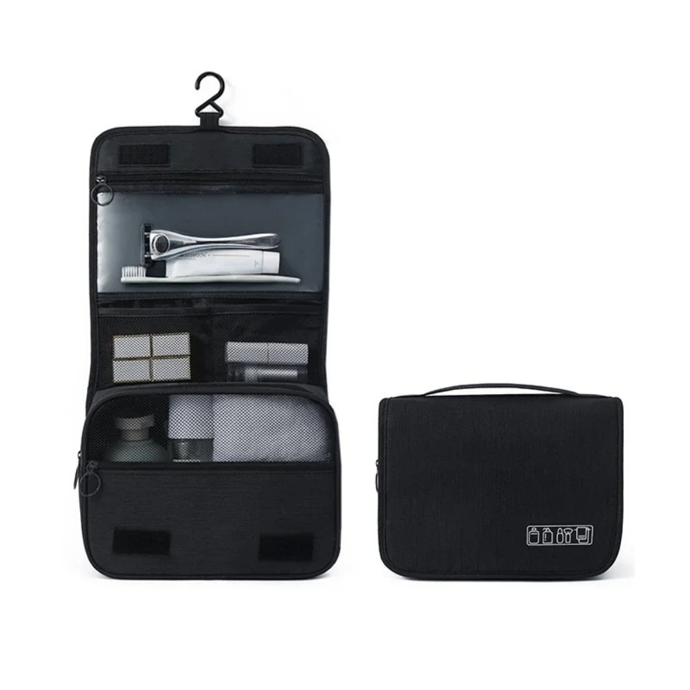 Unisex travel toiletry bag organizer, waterproof with multiple compartments for cosmetics & personal care.